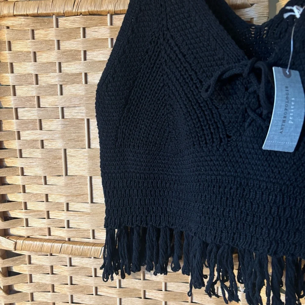 NWT Anthropologie Pilcro Black Fringe Sweater Tank Crochet Top Petite Medium